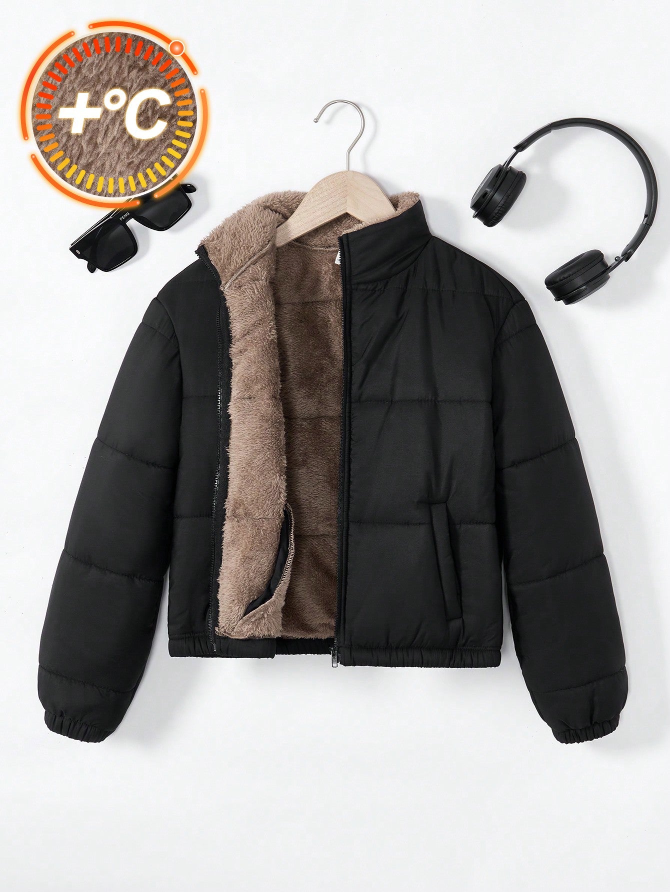 100% 聚酯纤维 时尚潮流纯色毛绒冬季保暖舒适女童(大)棉服 黑色8-12 лет