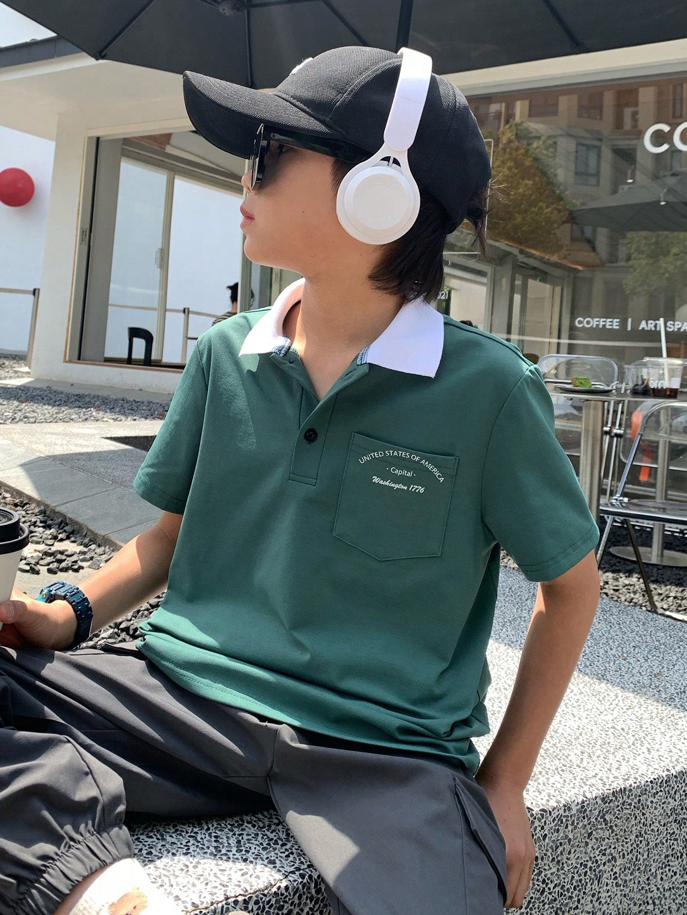 100% 聚酯纤维 时尚夏季个性街头潮流舒适宽松男童(大)Polo衫绿色 8-12岁