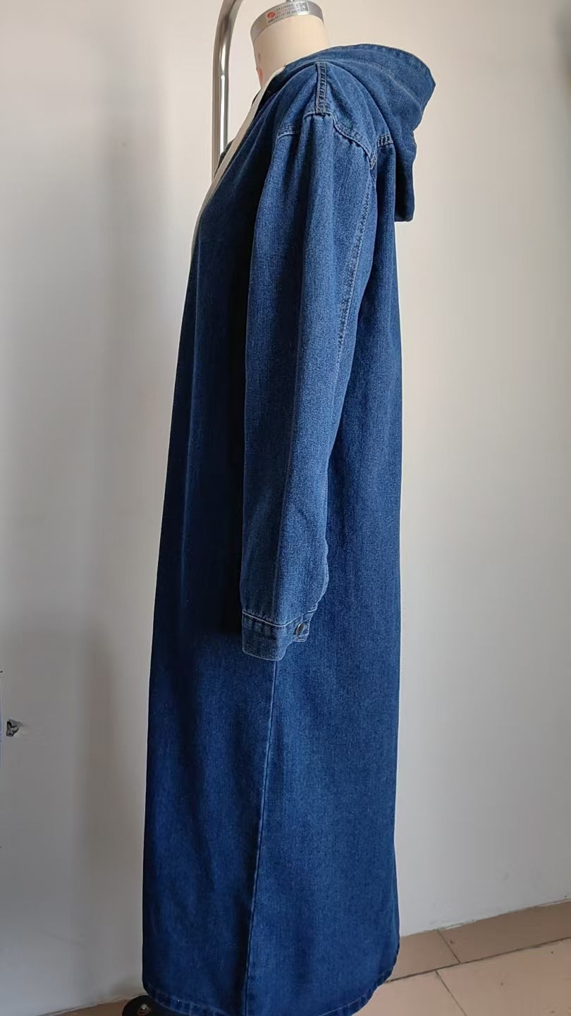 Hooded Long Denim Outerwear - Women's Trench-Style Jacket