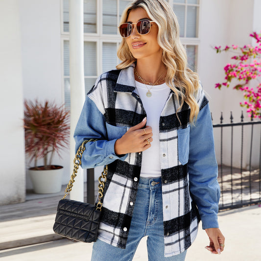 Plaid Patchwork Denim Shirt - Women's Loose Long-Sleeve Outerwear