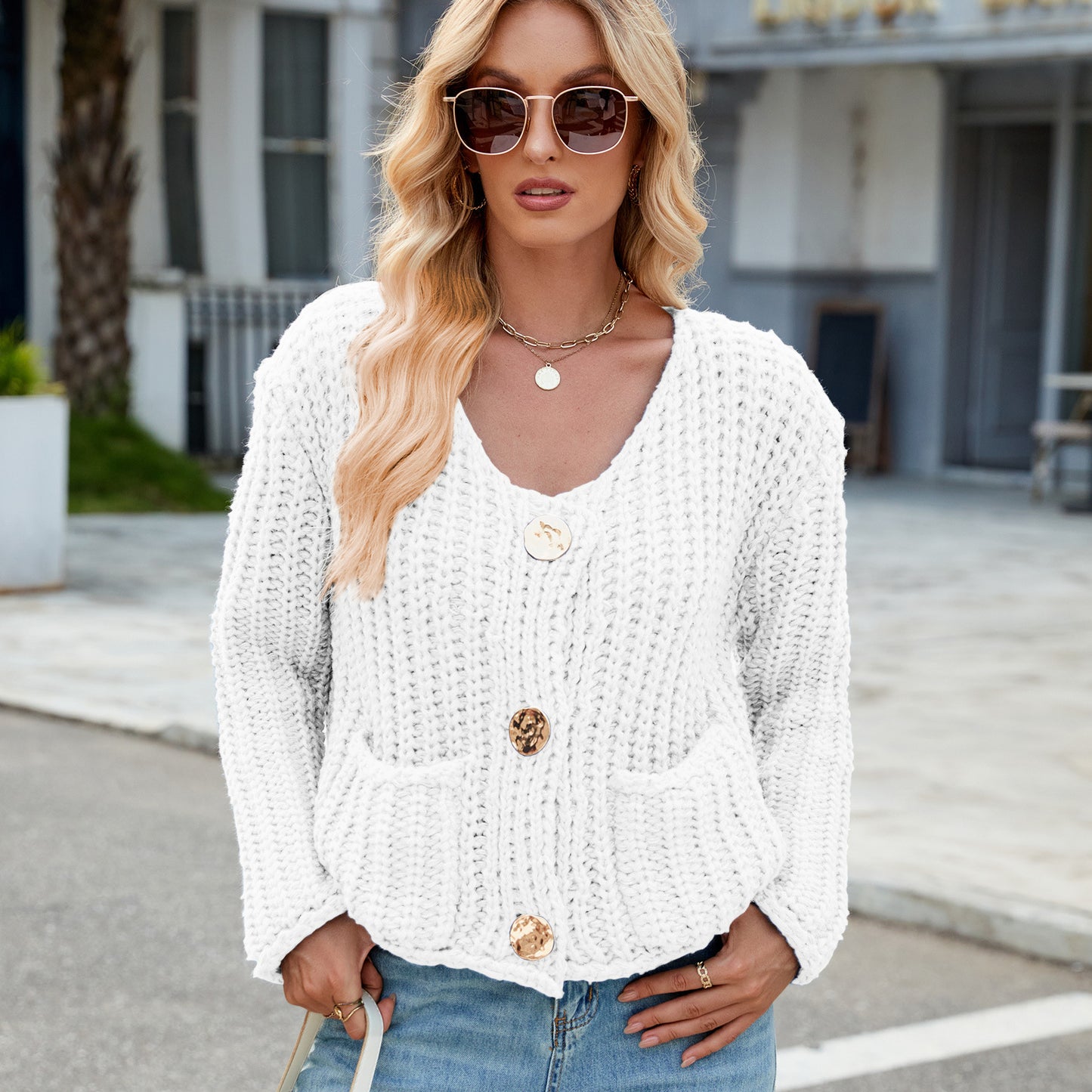 Chunky Knit Cardigan - Short Women's Knitwear with Gold Buttons