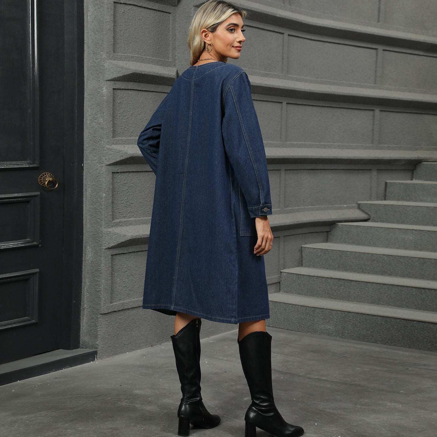 Dark Blue Long Denim Jacket - Women's V-Neck Cardigan Style Outerwear