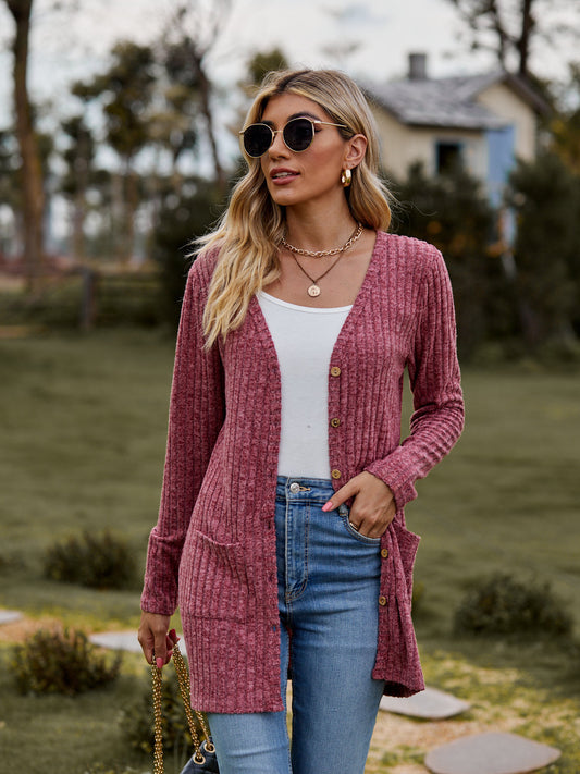 Rib - Knit Cardigan - Multi - Color Long Women's Knitwear