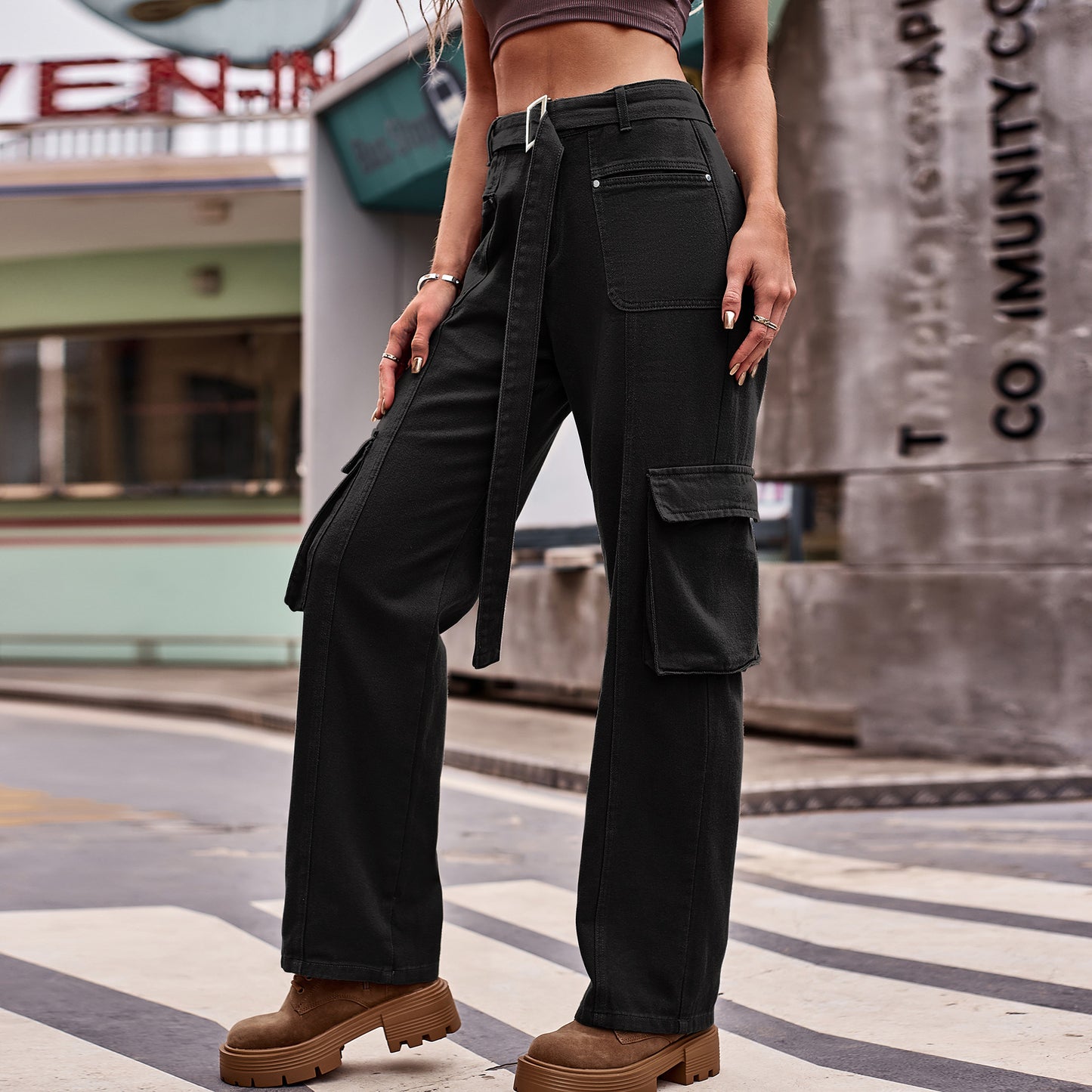 High-Waisted Belted Cargo Pant - Women's Multi-Pocket Straight-Leg Trousers
