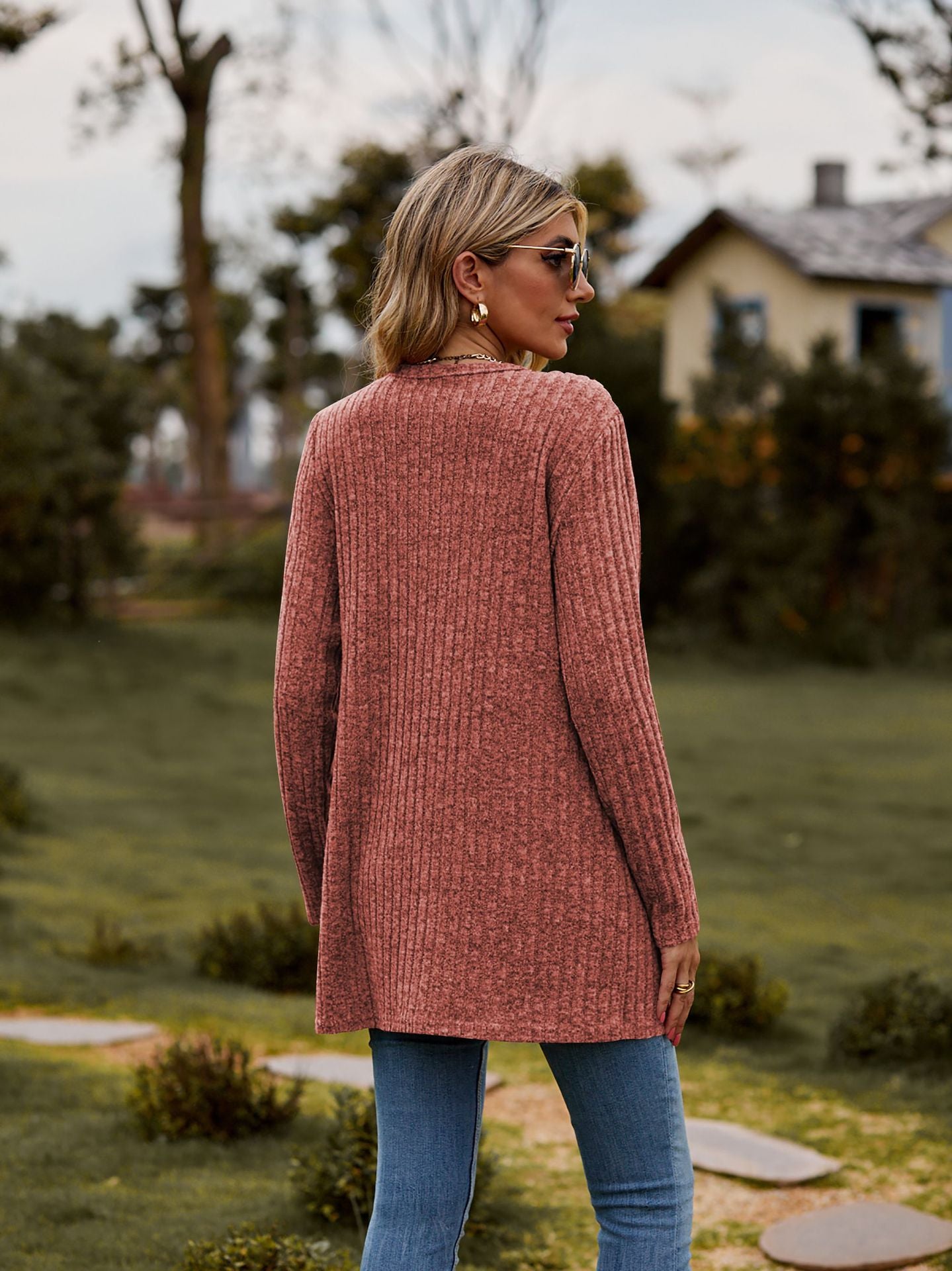 Rib - Knit Cardigan - Multi - Color Long Women's Knitwear