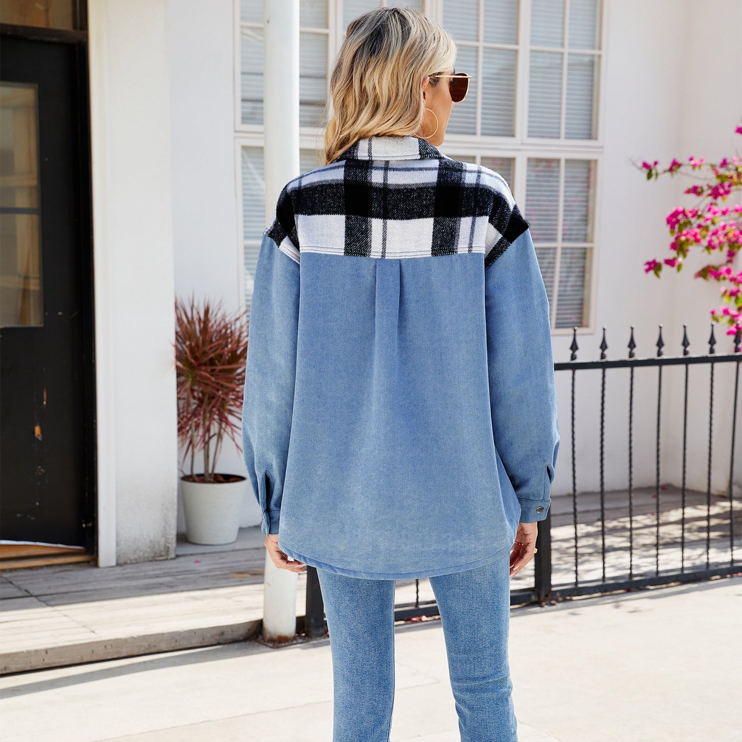 Plaid Patchwork Denim Shirt - Women's Loose Long-Sleeve Outerwear