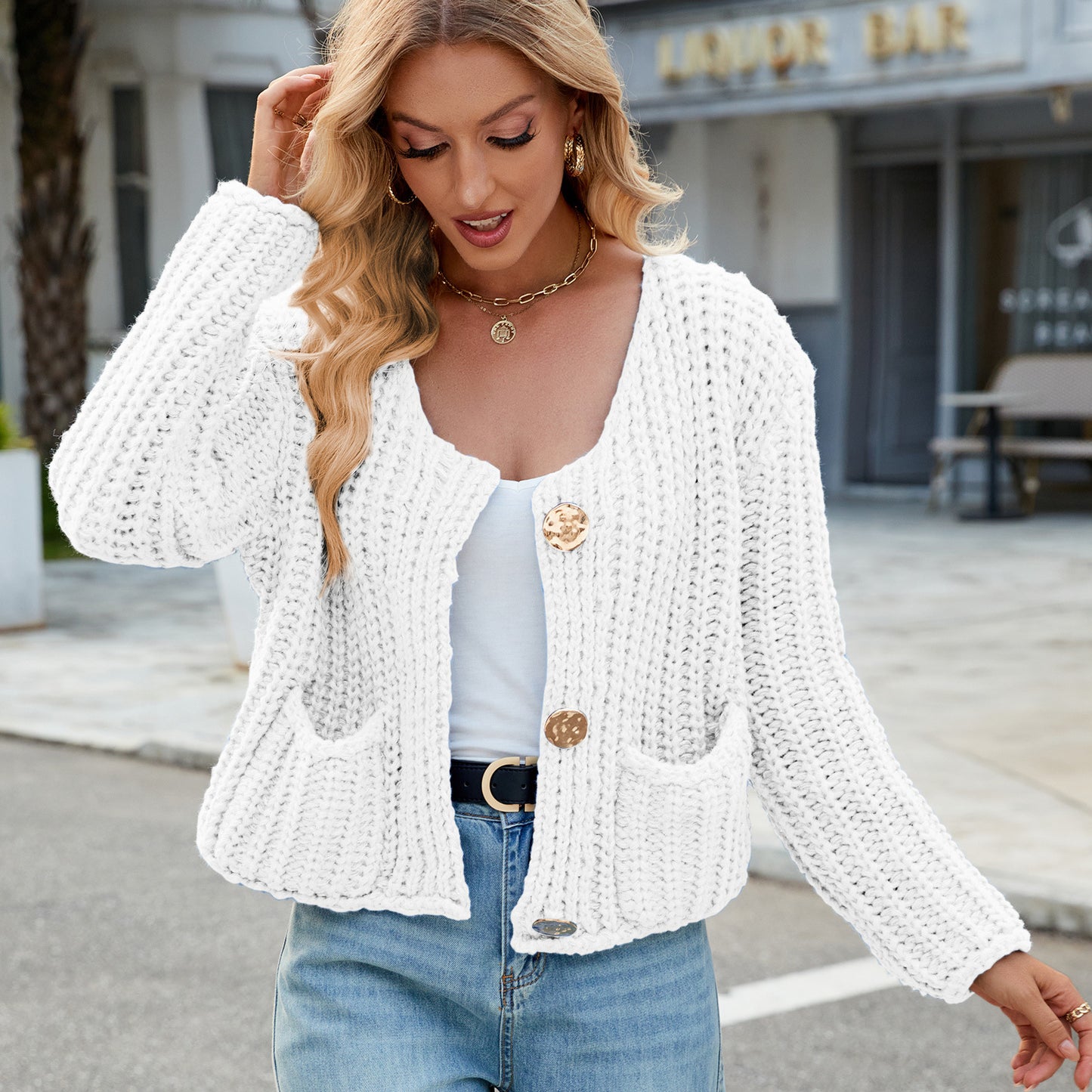 Chunky Knit Cardigan - Short Women's Knitwear with Gold Buttons