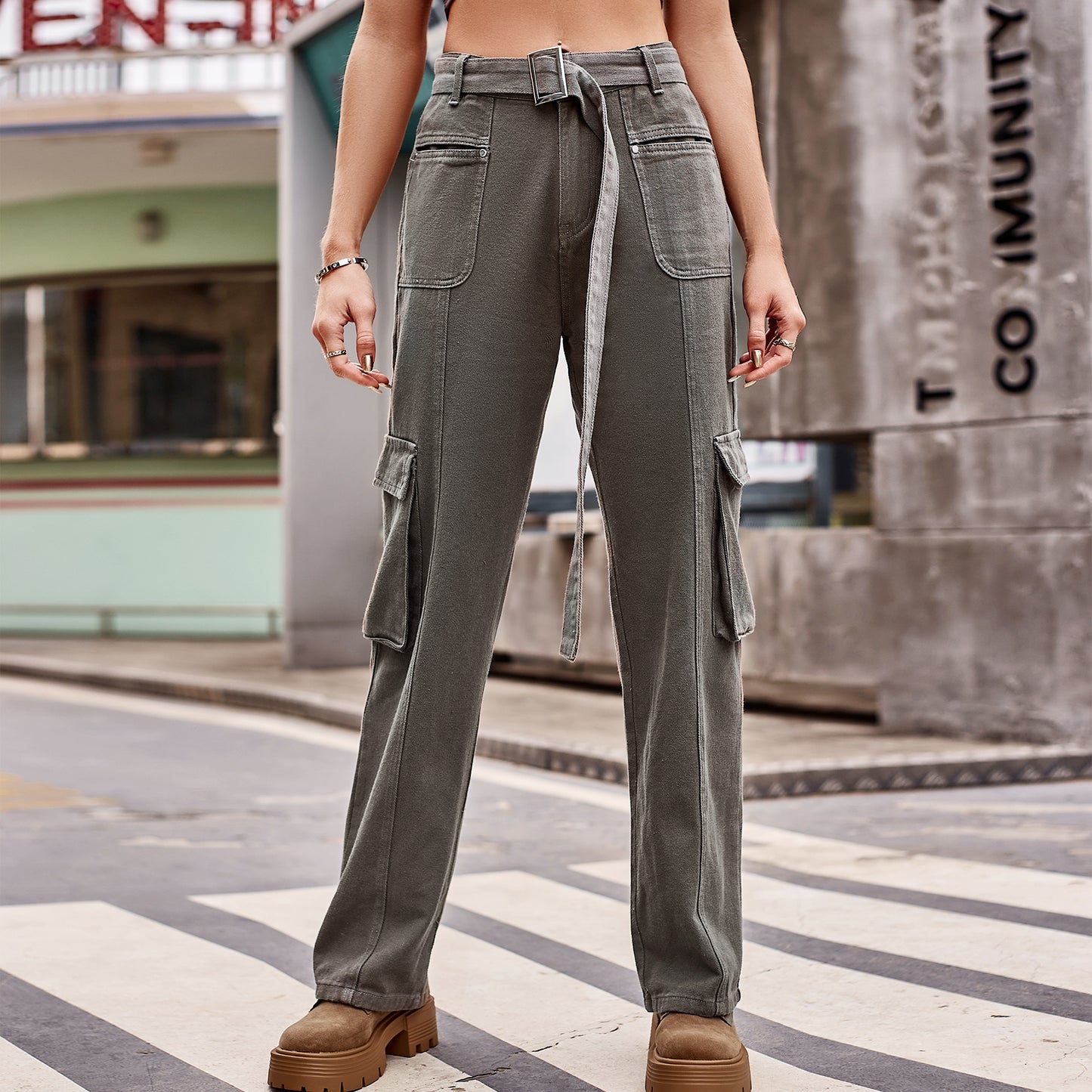 High-Waisted Belted Cargo Pant - Women's Multi-Pocket Straight-Leg Trousers