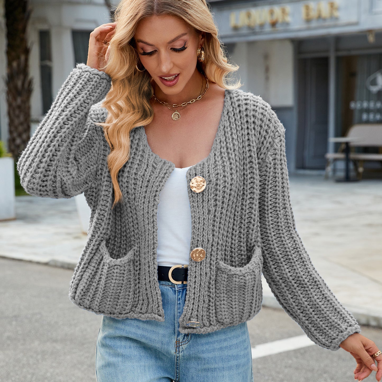 Chunky Knit Cardigan - Short Women's Knitwear with Gold Buttons