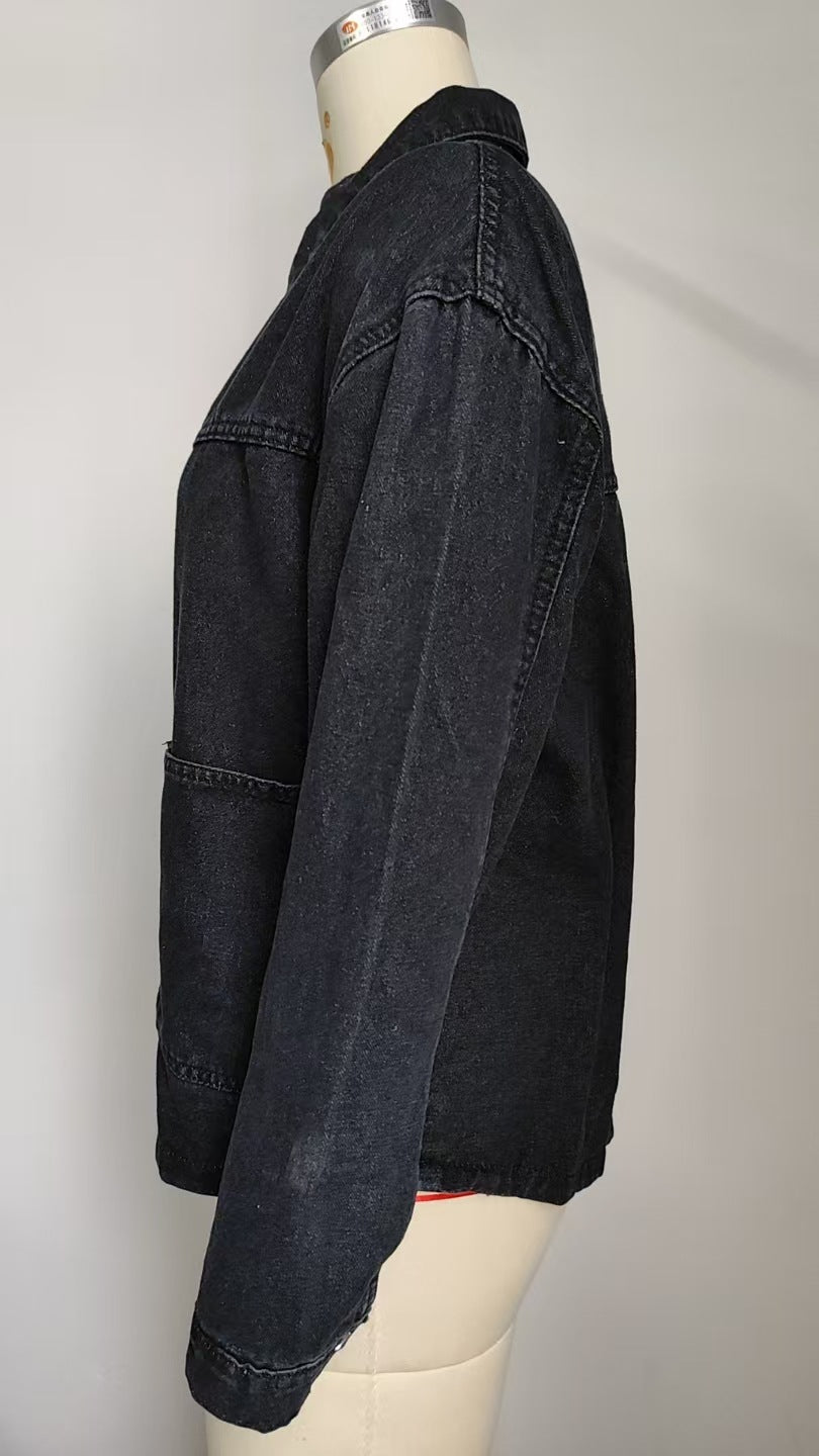 Cargo-Style Denim Outerwear - Women's Loose Multi-Pocket Jacket
