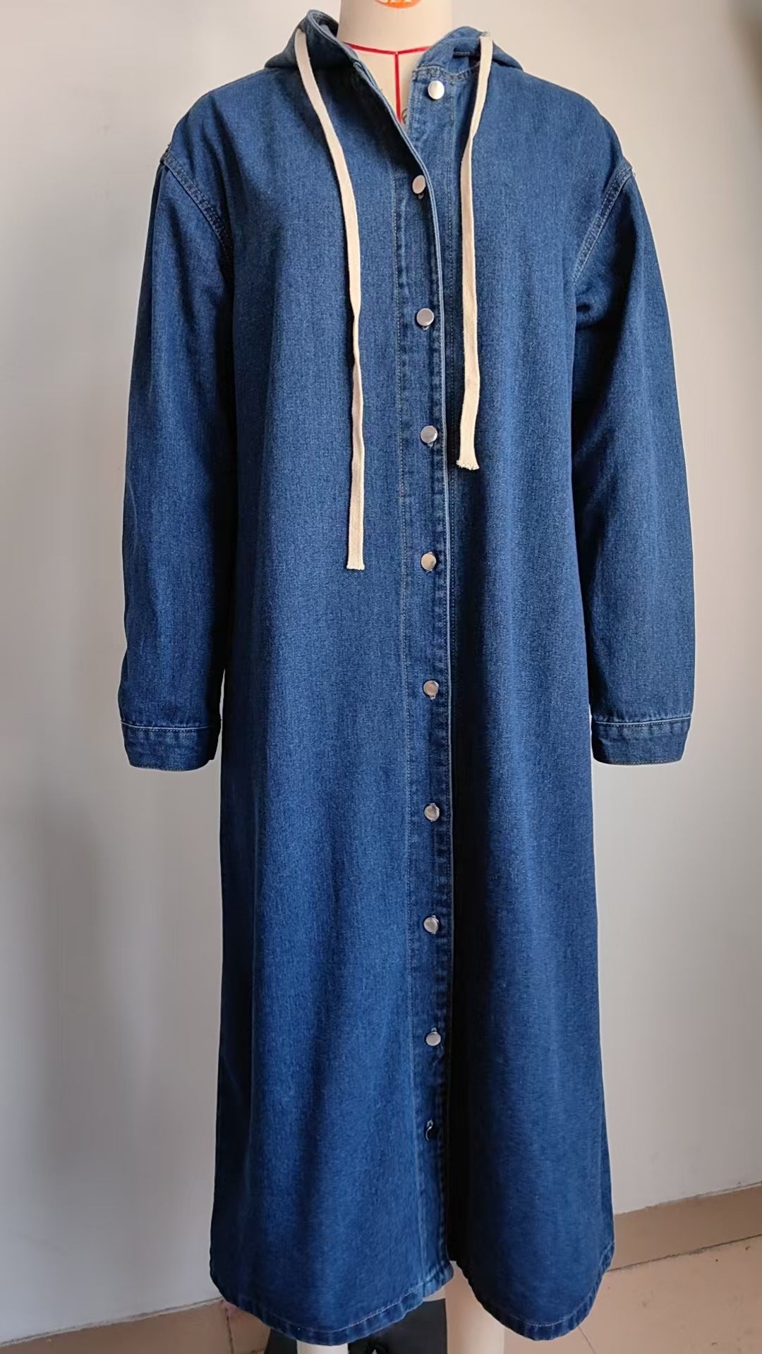 Hooded Long Denim Outerwear - Women's Trench-Style Jacket