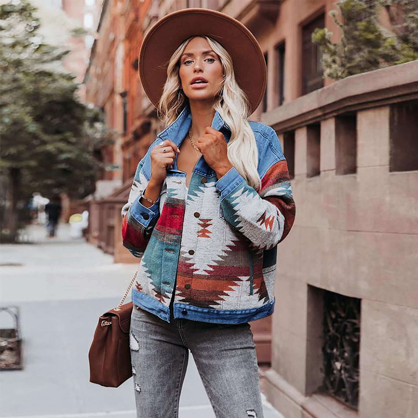 Ethnic Style Patchwork Denim Jacket - Color-Block Printed Women's Outerwear
