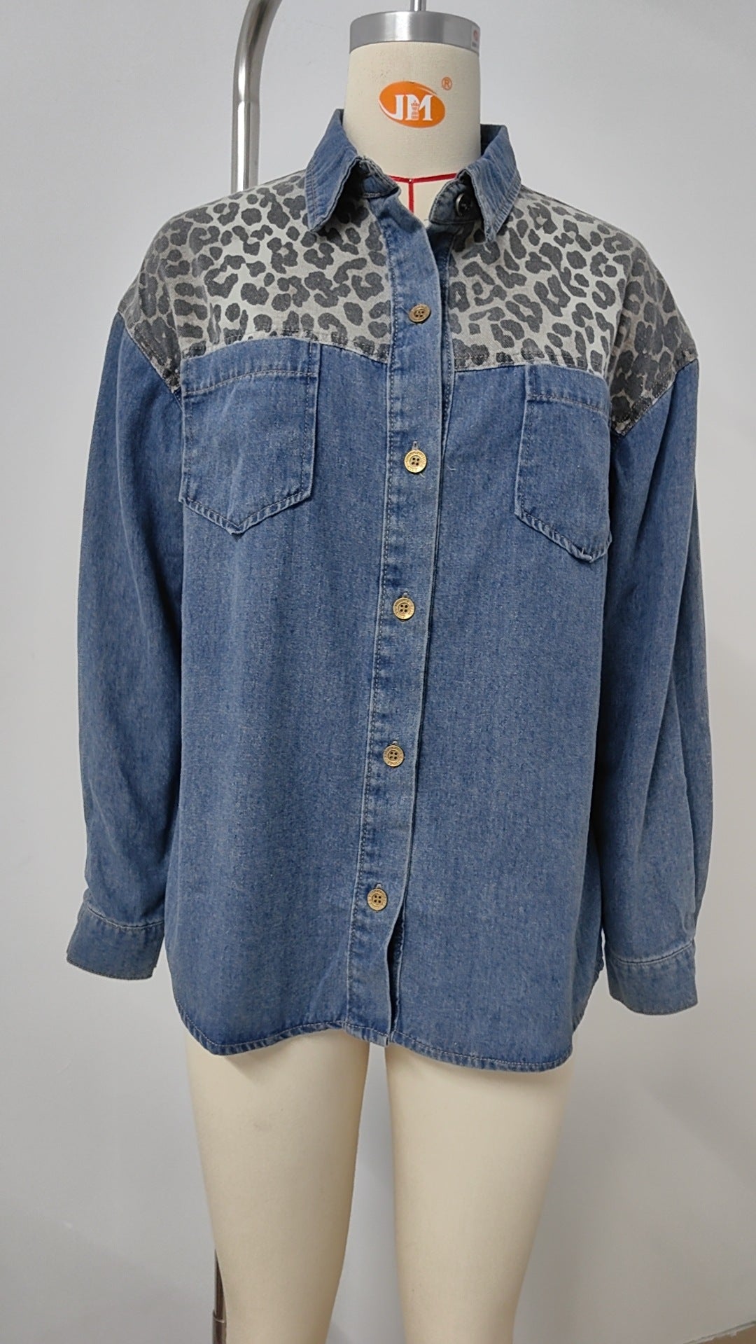 Leopard Print Patchwork Denim Shirt - Loose-Fit Women's Outerwear