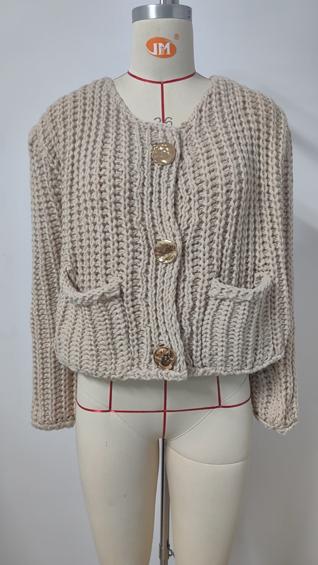 Chunky Knit Cardigan - Short Women's Knitwear with Gold Buttons