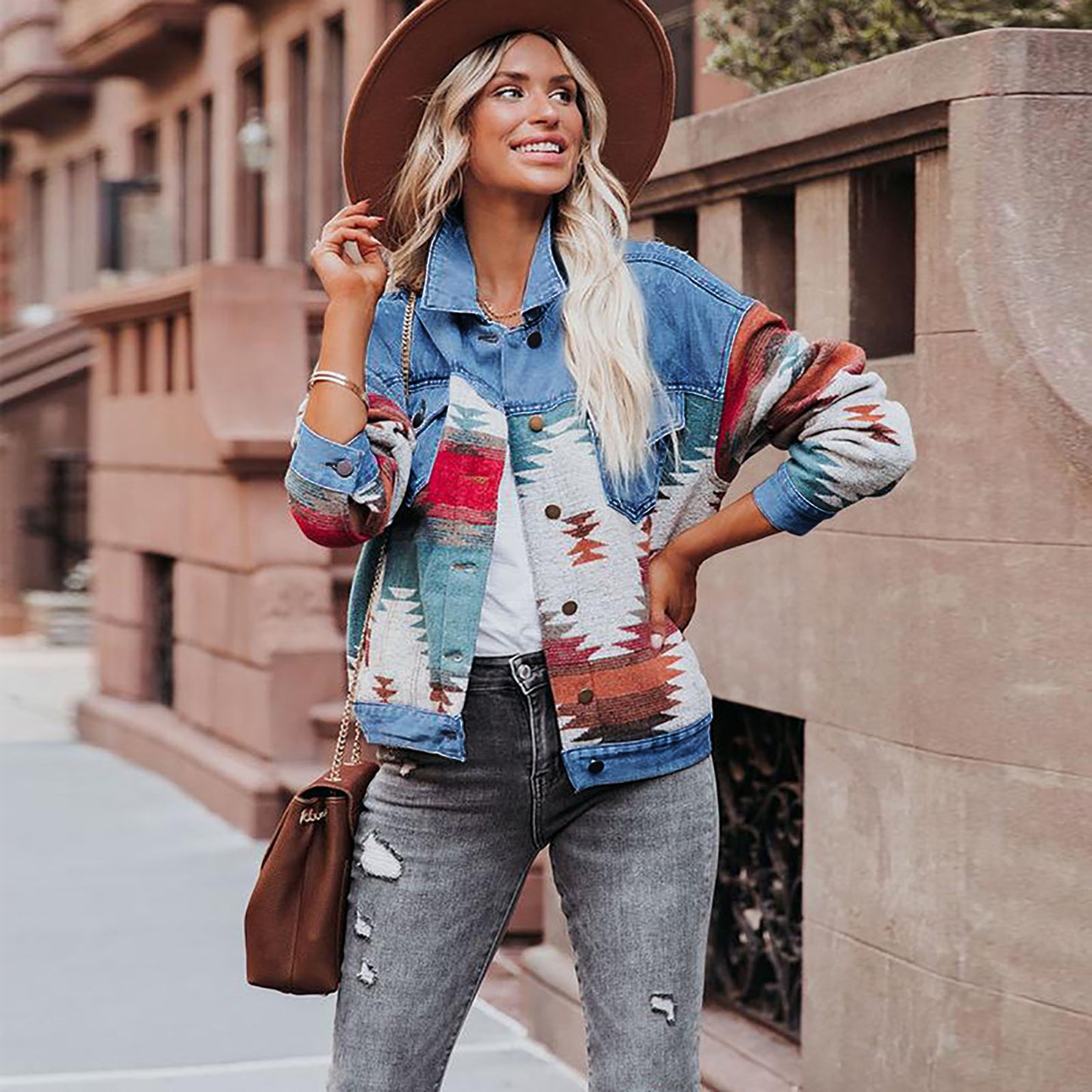 Ethnic Style Patchwork Denim Jacket - Color-Block Printed Women's Outerwear