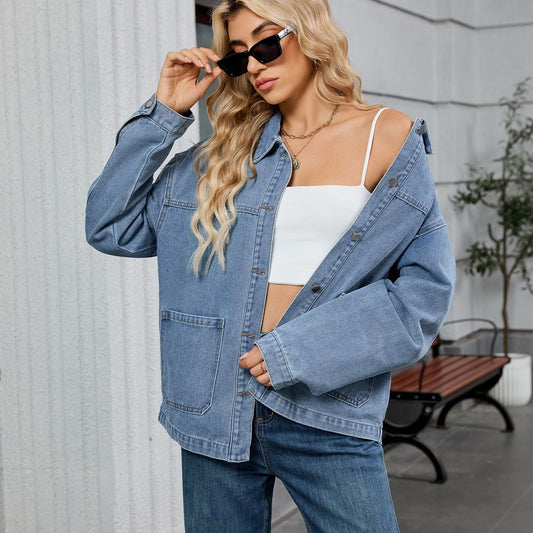 Cargo-Style Denim Outerwear - Women's Loose Multi-Pocket Jacket