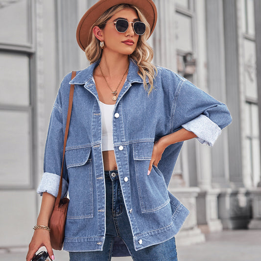 Square-Pocket Cargo Denim Jacket - Loose Women's Outerwear