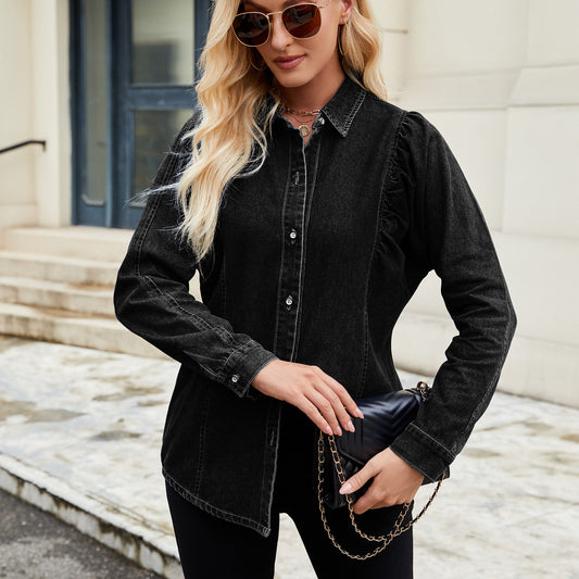 Puff-Sleeve Denim Shirt - Women's Vintage Long-Sleeve Outerwear