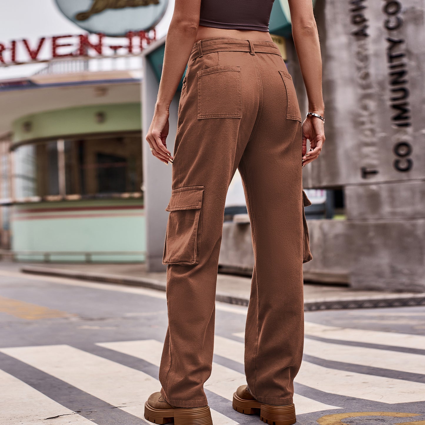 High-Waisted Belted Cargo Pant - Women's Multi-Pocket Straight-Leg Trousers