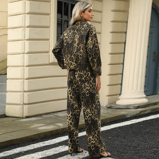 Leopard Print Set - Two-Piece Women's Outfit (Outerwear + Pant)