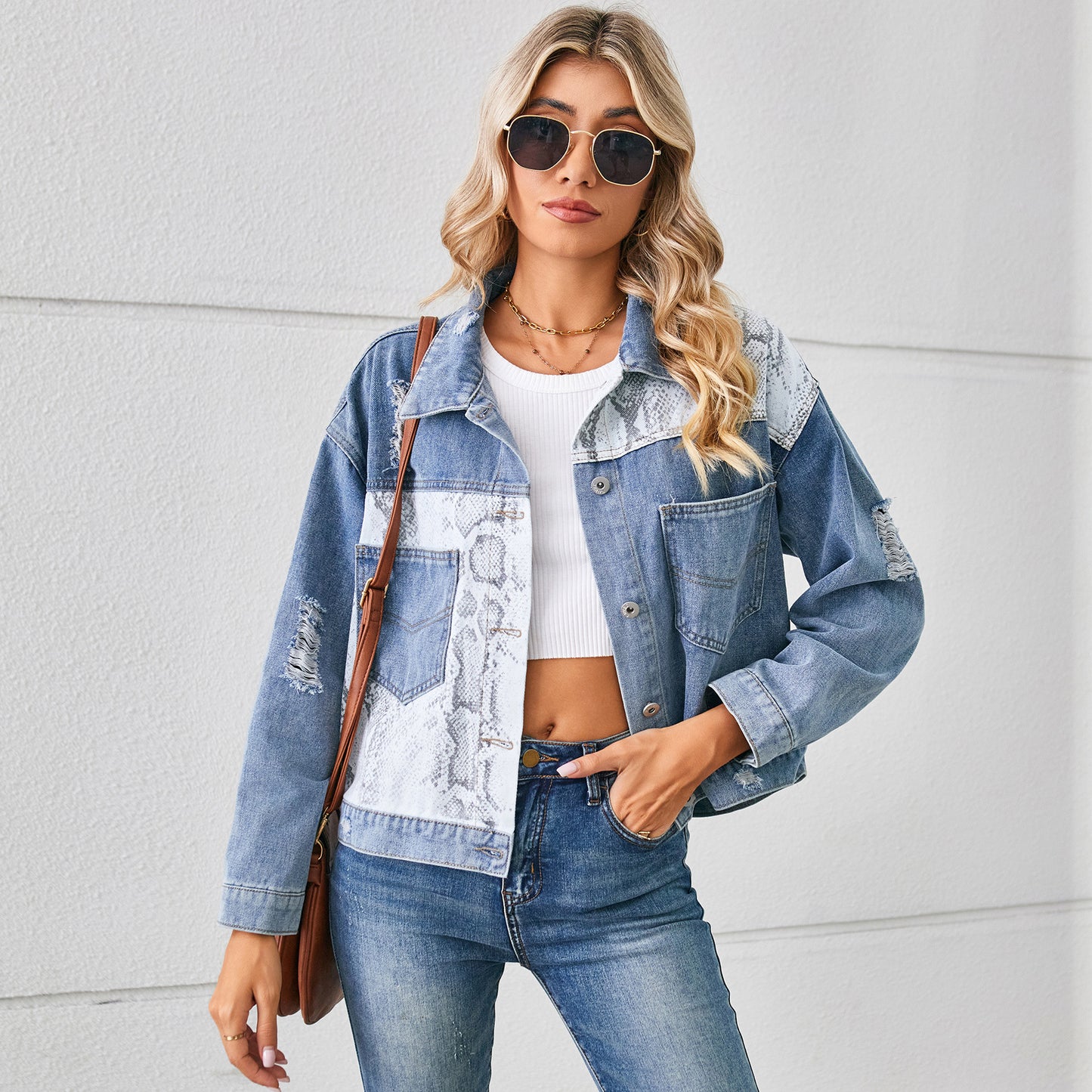 Animal Print Patchwork Denim Jacket - Women's Printed Short Outerwear