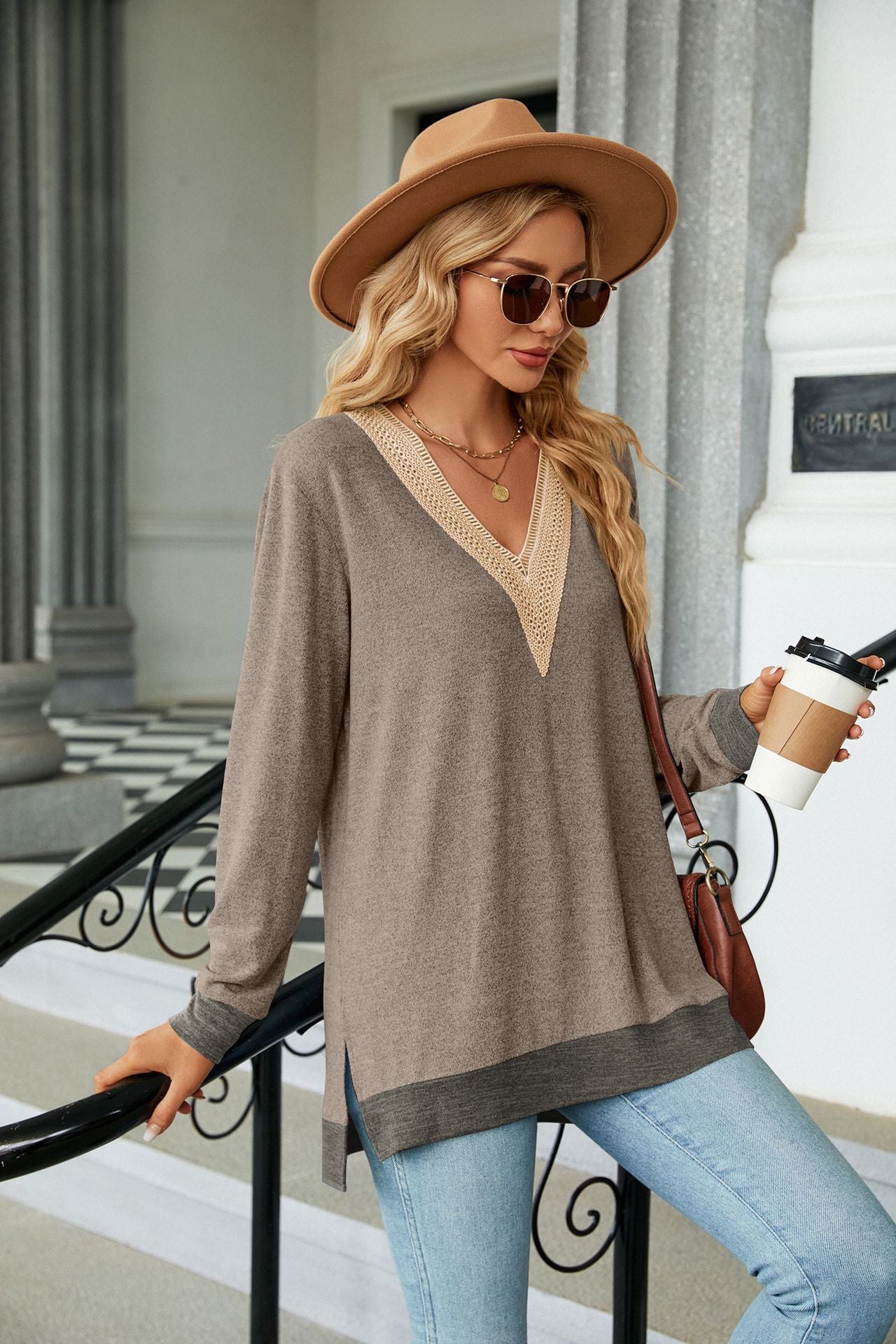 Lace-Embellished V-Neck Top - Multi-Colored Long-Sleeve Women's T-Shirt