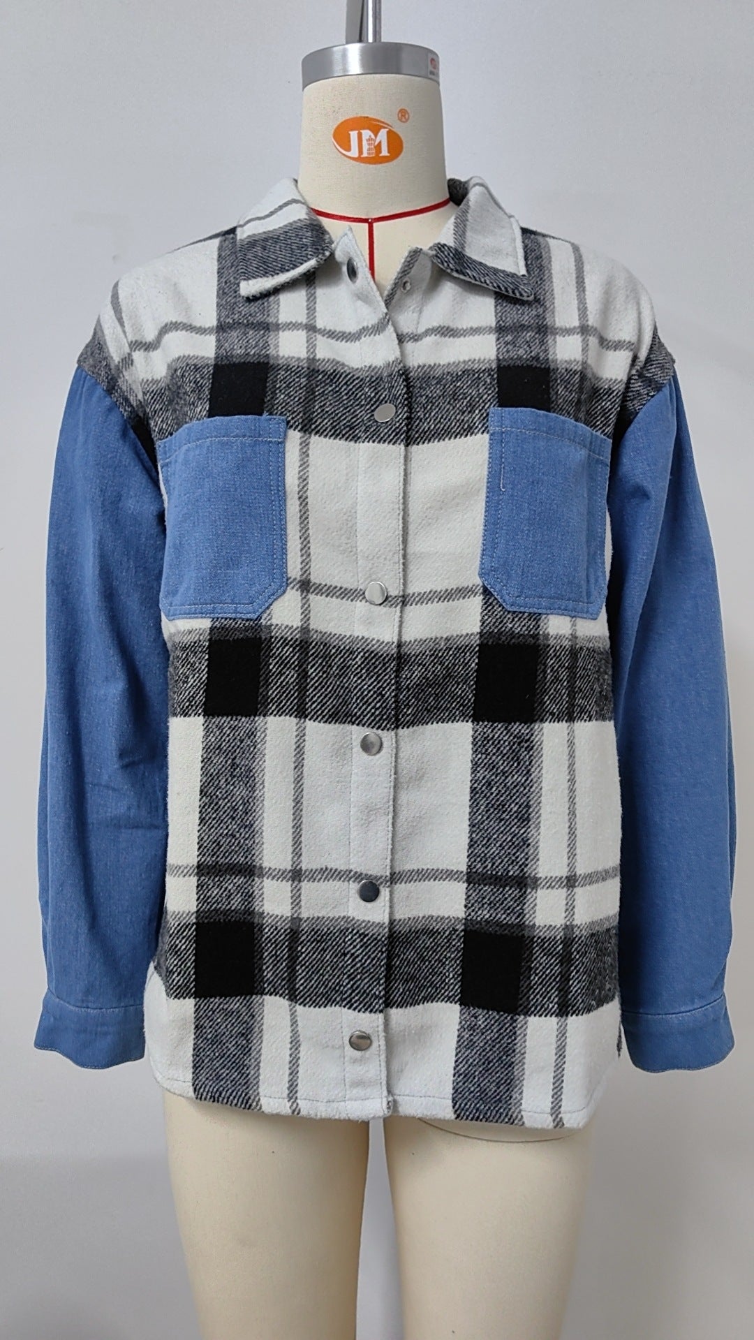 Plaid Patchwork Denim Shirt - Women's Loose Long-Sleeve Outerwear