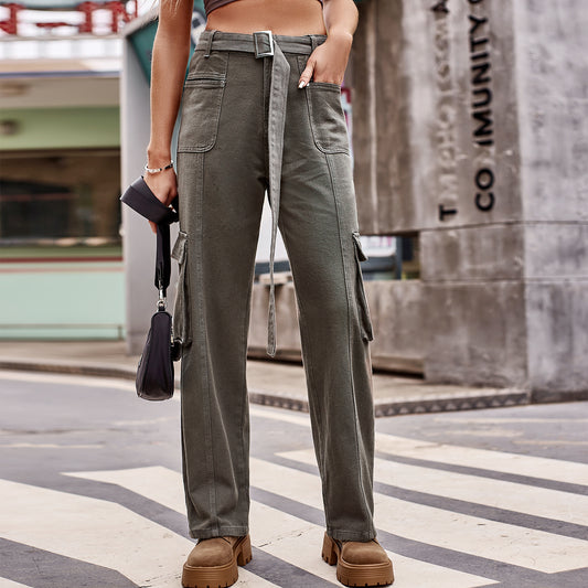 High-Waisted Belted Cargo Pant - Women's Multi-Pocket Straight-Leg Trousers