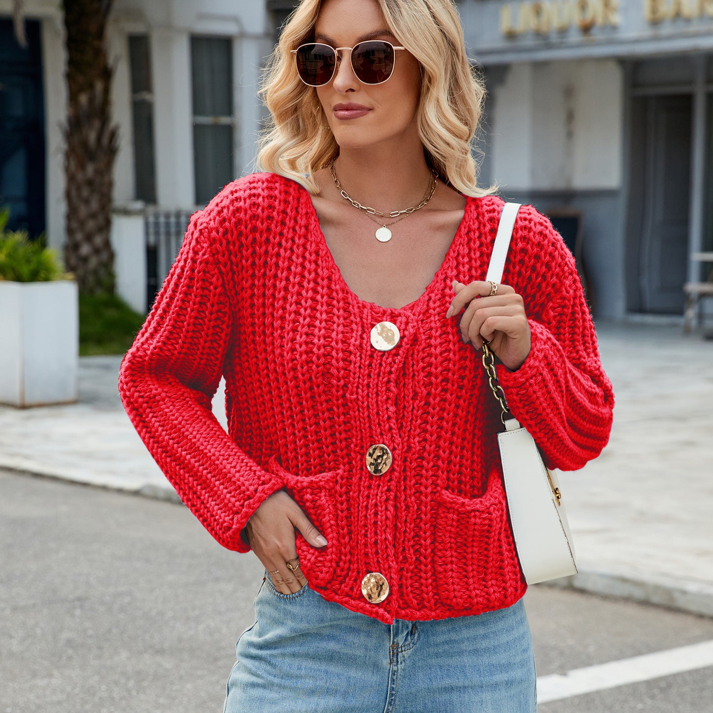 Chunky Knit Cardigan - Short Women's Knitwear with Gold Buttons