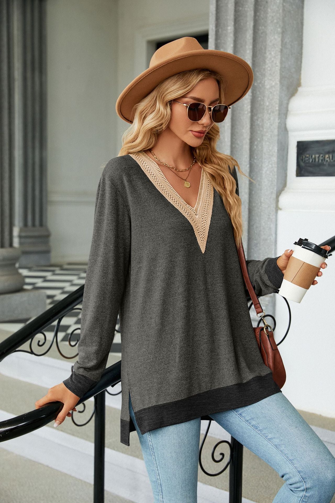 Lace-Embellished V-Neck Top - Multi-Colored Long-Sleeve Women's T-Shirt
