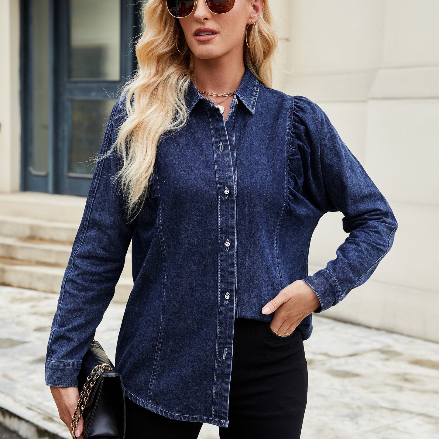 Puff-Sleeve Denim Shirt - Women's Vintage Long-Sleeve Outerwear