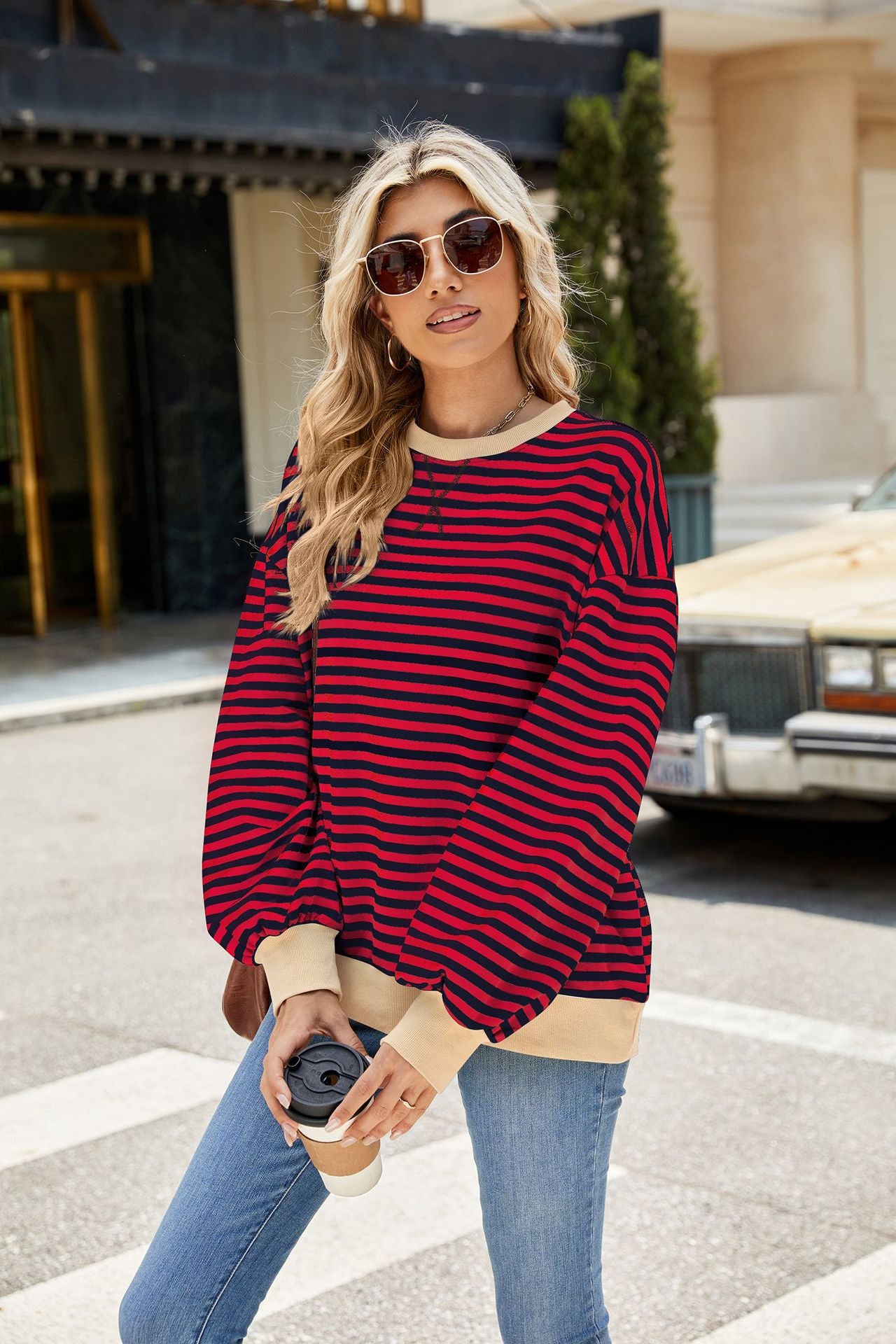 Striped Color-Block Long-Sleeve Top - Multi-Color Casual Women's T-Shirt