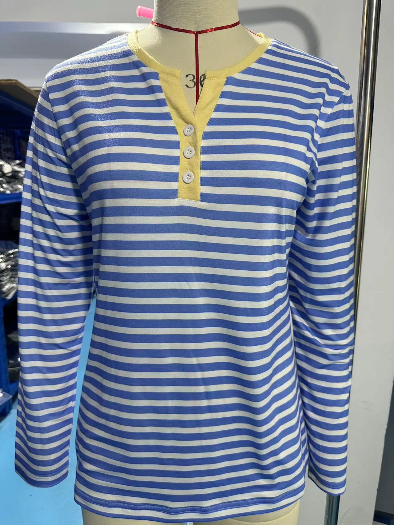 Striped Color-Block V-Neck Long-Sleeve Top - Multi-Color Button Women's T-Shirt