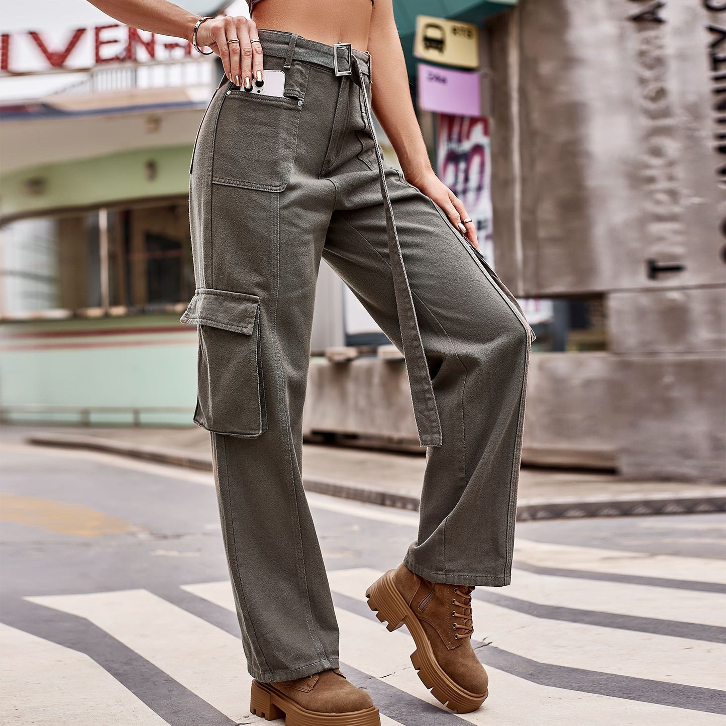 High-Waisted Belted Cargo Pant - Women's Multi-Pocket Straight-Leg Trousers
