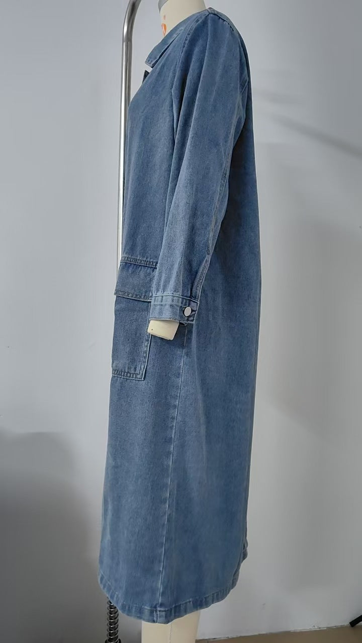 Classic Long Denim Jacket - Women's Loose Trench-Coat Style outerwear