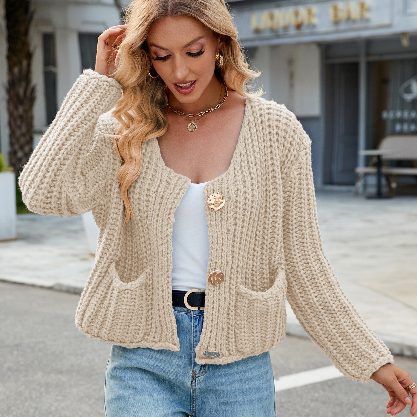 Chunky Knit Cardigan - Short Women's Knitwear with Gold Buttons