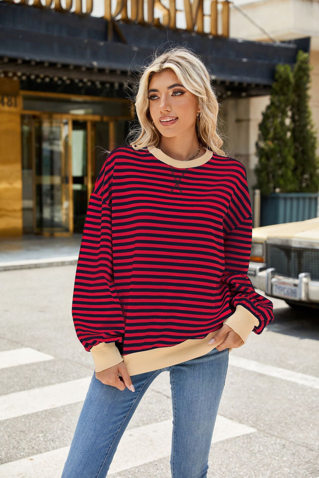 Striped Color-Block Long-Sleeve Top - Multi-Color Casual Women's T-Shirt