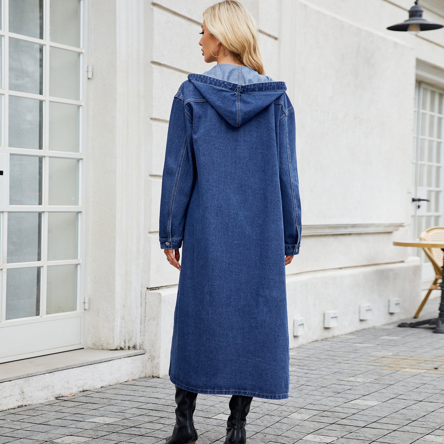 Hooded Long Denim Outerwear - Women's Trench-Style Jacket