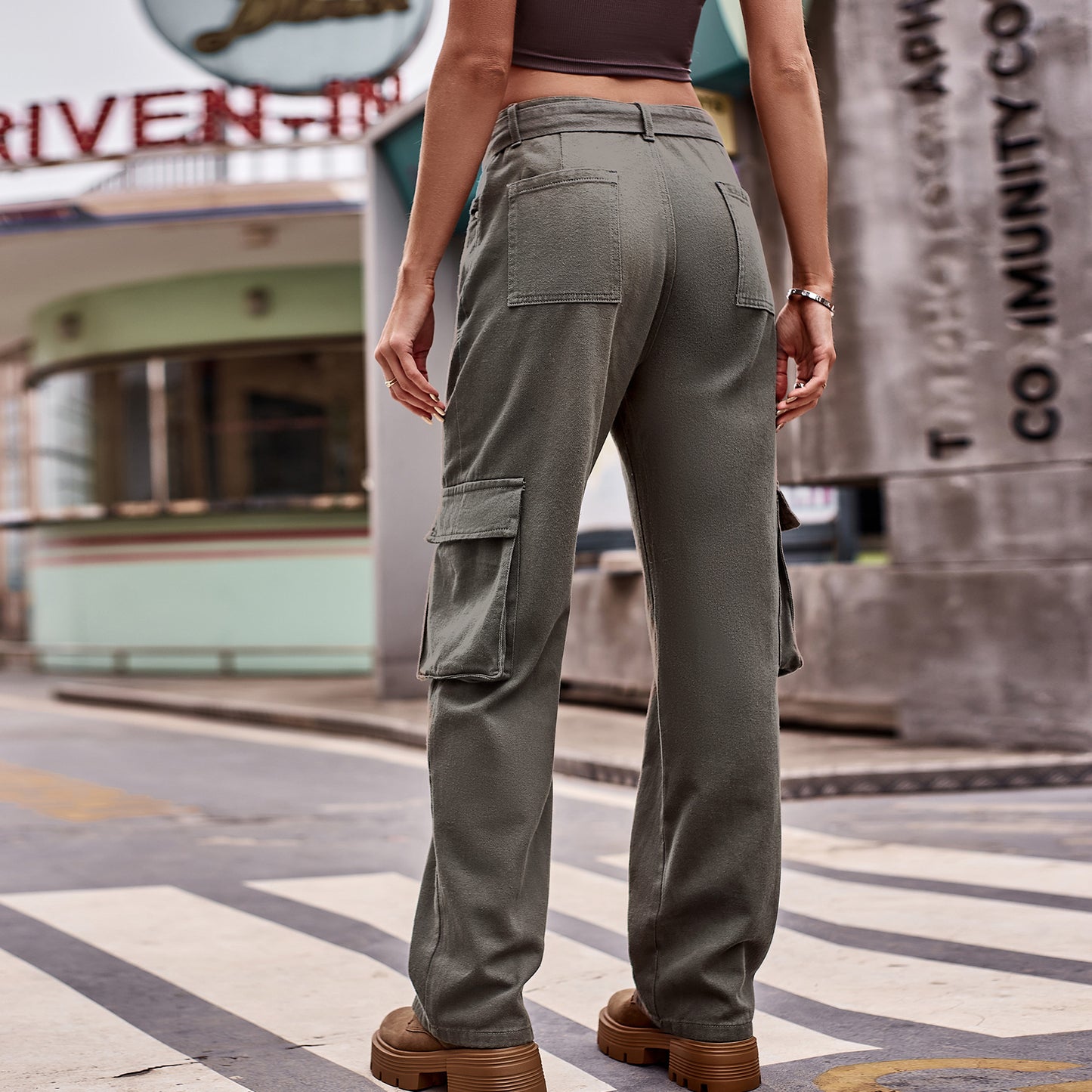 High-Waisted Belted Cargo Pant - Women's Multi-Pocket Straight-Leg Trousers