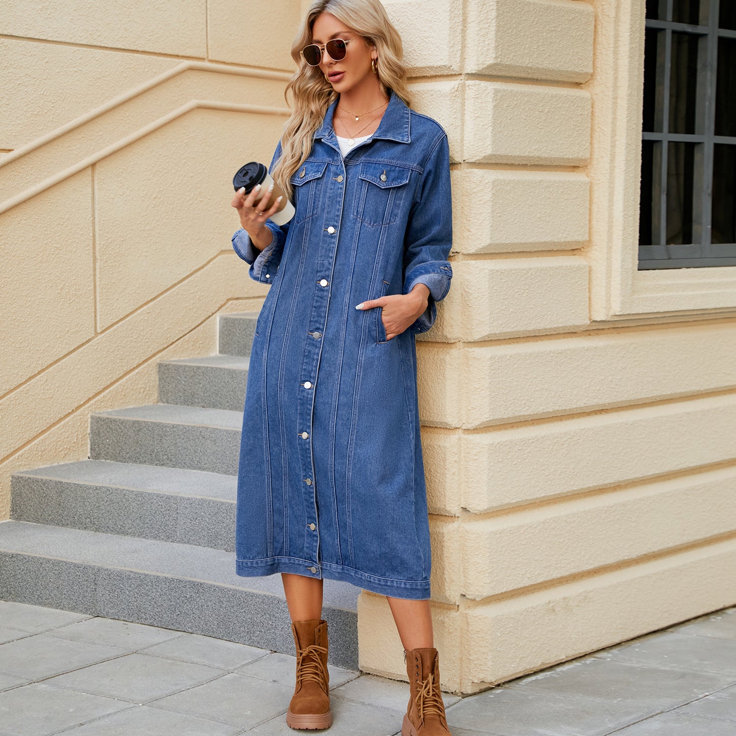 Classic Long Denim Coat - Blue Trench-Style Women's Outerwear