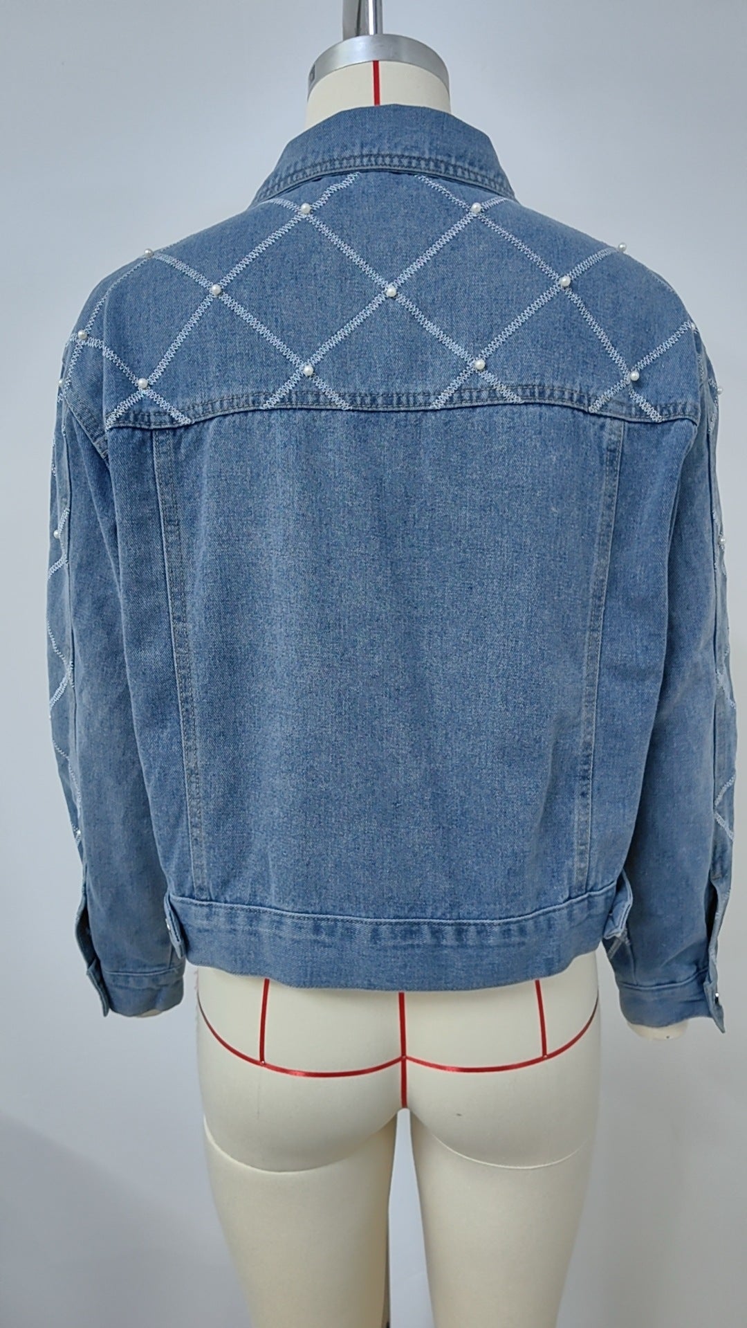 Argyle Pattern Denim Jacket - Blue Quilted Women's Outerwear