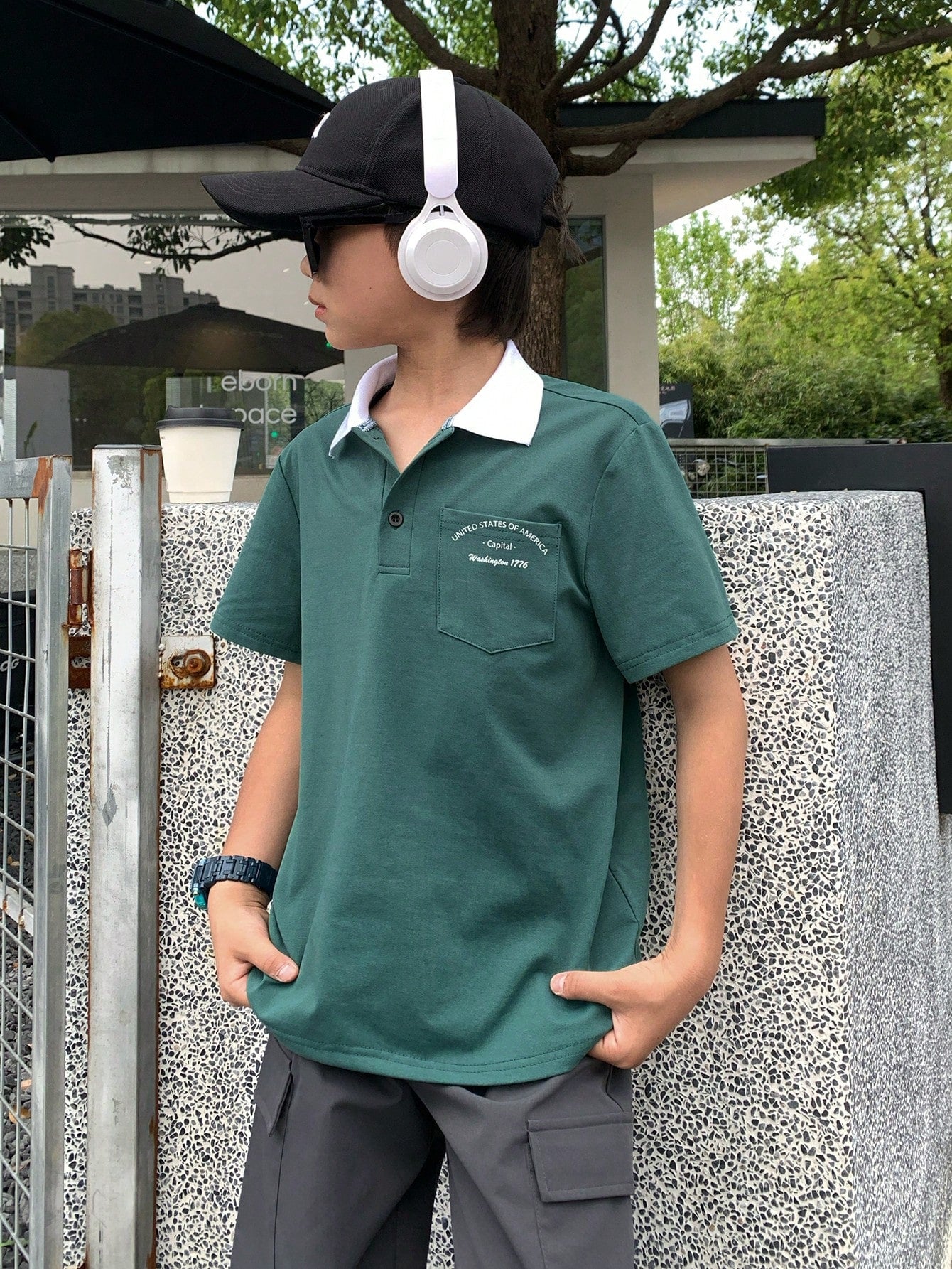 100% 聚酯纤维 时尚夏季个性街头潮流舒适宽松男童(大)Polo衫绿色 8-12岁