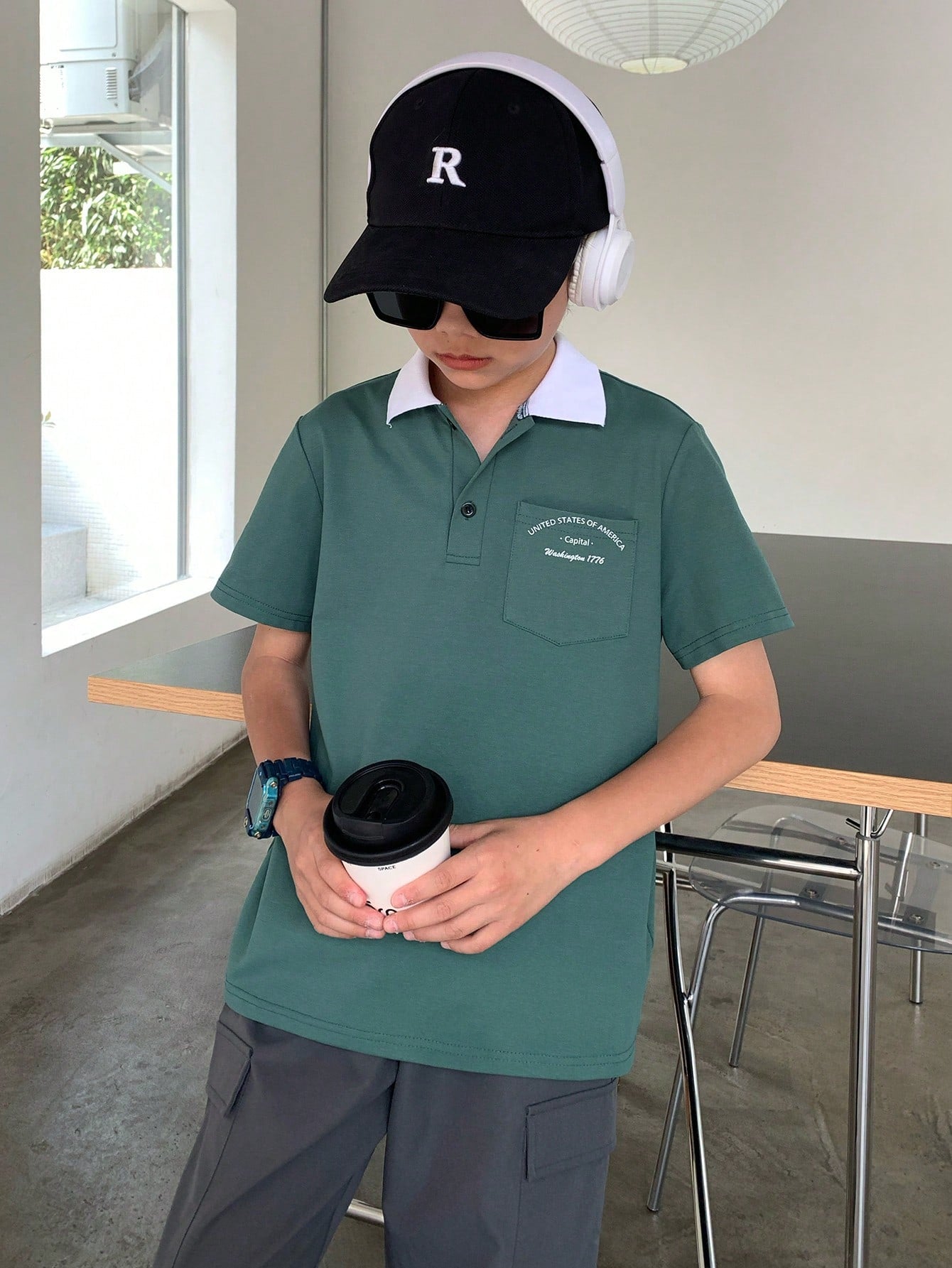 100% 聚酯纤维 时尚夏季个性街头潮流舒适宽松男童(大)Polo衫绿色 8-12岁