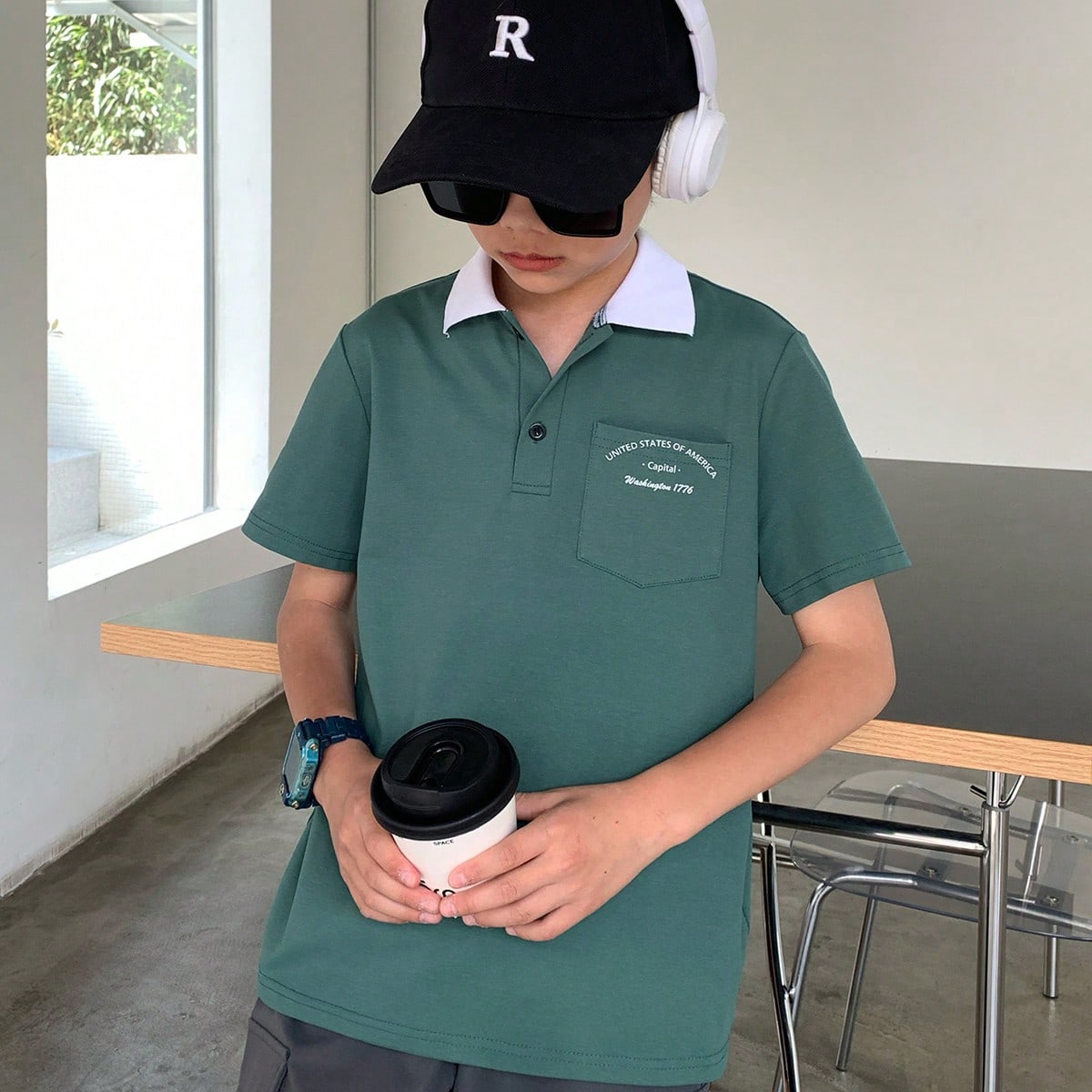 100% 聚酯纤维 时尚夏季个性街头潮流舒适宽松男童(大)Polo衫绿色 8-12岁