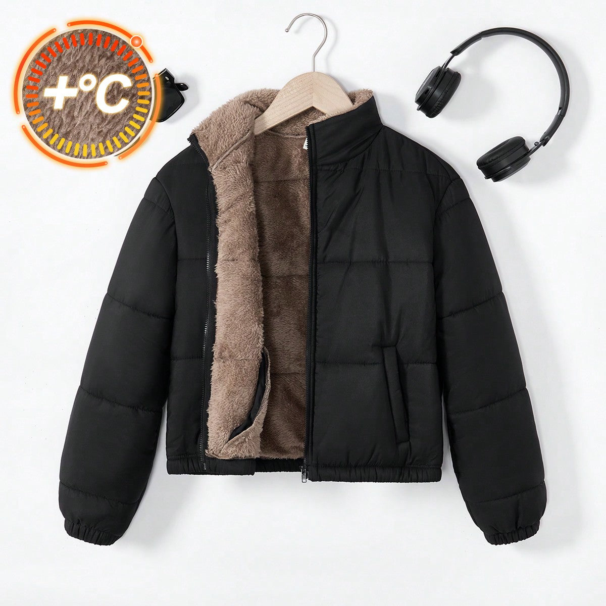 100% 聚酯纤维 时尚潮流纯色毛绒冬季保暖舒适女童(大)棉服 黑色8-12 лет