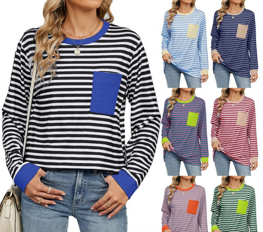 Striped Color-Block Pocket Long-Sleeve Top - Multi-Color Casual Women's T-Shirt