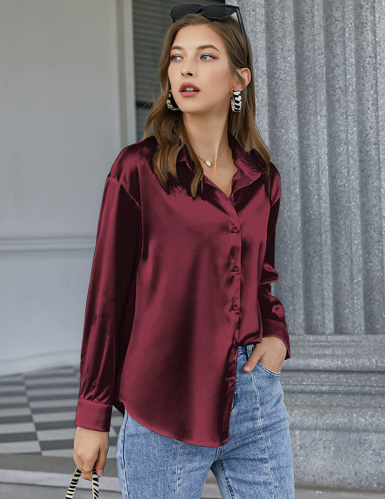 95%聚酯纤维5%氨纶 亚马逊爆款女式缎面丝绸系扣衬衫欧美跨境休闲宽松长袖色丁上衣