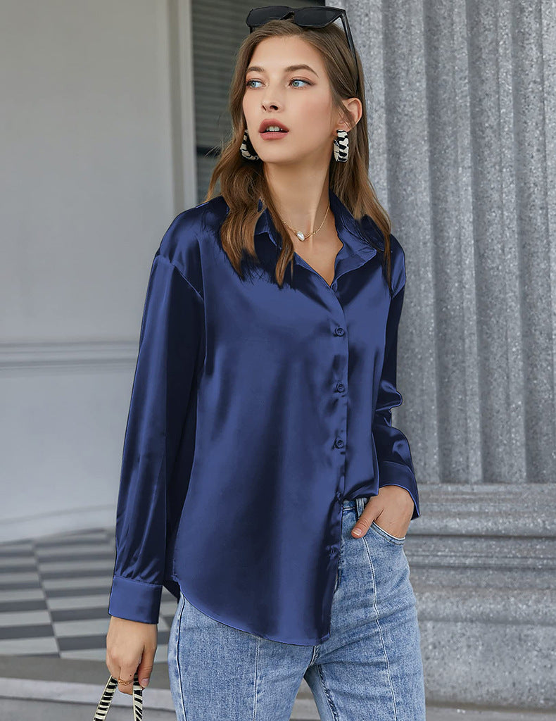 95%聚酯纤维5%氨纶 亚马逊爆款女式缎面丝绸系扣衬衫欧美跨境休闲宽松长袖色丁上衣