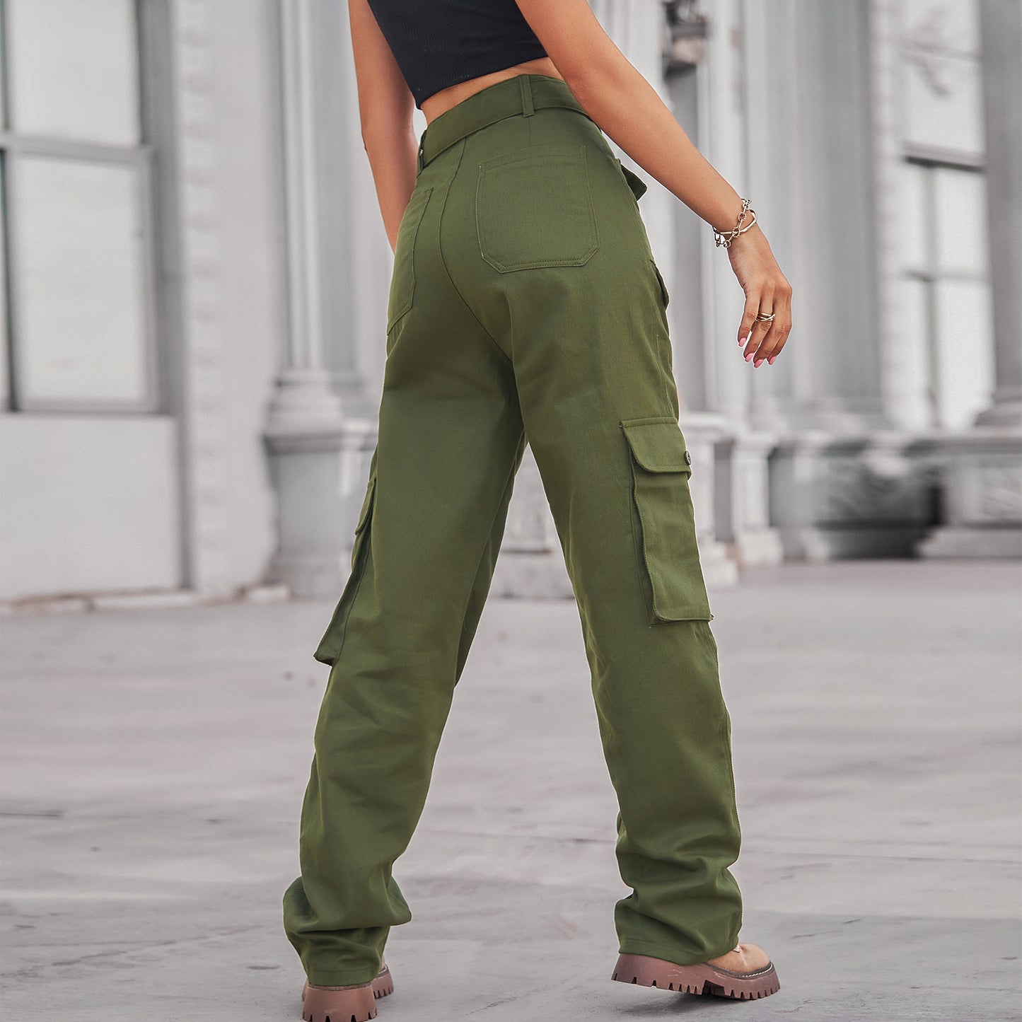 Belted Multi-Pocket Cargo Pant - Women's Loose Straight-Leg Trousers