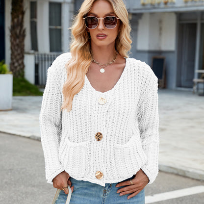 Chunky Knit Cardigan - Short Women's Knitwear with Gold Buttons